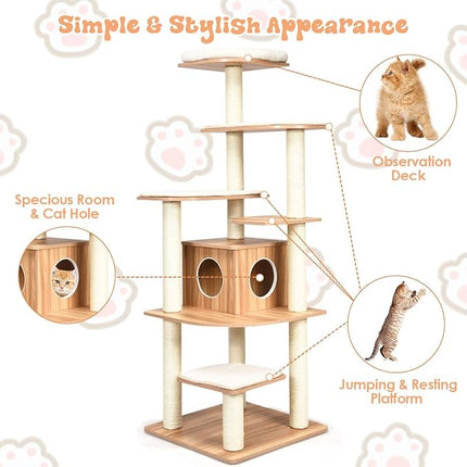 Cat Tree, Wooden Cat Tower with 6-Layer Platform, Sisal Rope Scratching Posts