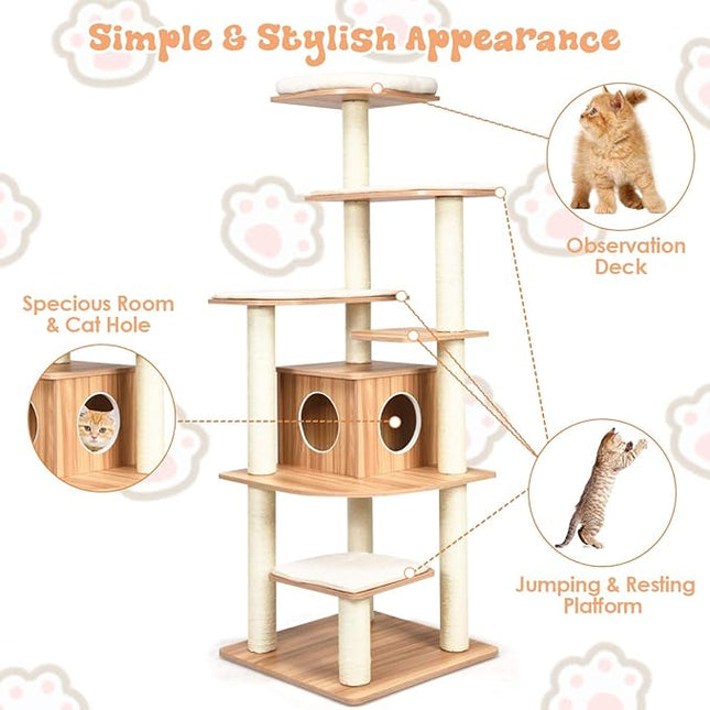 Cat Tree, Wooden Cat Tower with 6-Layer Platform, Sisal Rope Scratching Posts