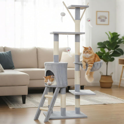 Pawz Cat Tree, 143cm Cat Scratching Post and Pads, Multi-Level Play Tower, Grey