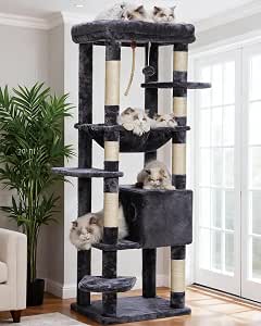 Heybly HCT050G Cat Scratching Post with Blankets for Large Cat Tree Large Platforms Cave 50 x 50 x 153cm Smoke Grey