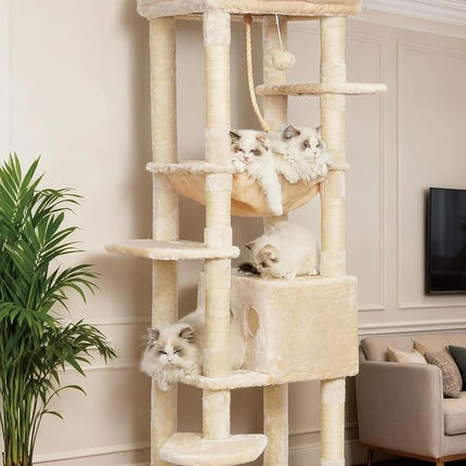 Heybly HCT050M Beige Cat Scratching Post with Blankets for Large Cat Scratching Post Large Platforms Cave 50 x 50 x 153cm