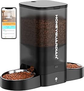 HoneyGuaridan Automatic Cat Feeder, 2 Bowls with Motion Sensor, 5G/2.4G WiFi Intelligent Cat Feeder for Remote Feeding, 5 L