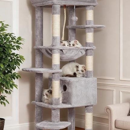 Heybly HCT050W Cat Scratching Post with Blankets for Large Cat Tree Large Platforms Cave 50 x 50 x 153cm Light Grey