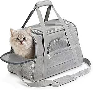 Soft-Sided Cat/Dog/Pet Carrier, Collapsible Pets Travel Carriers for Big Cats/Small Dogs with Shoulder Strap & Removable Mat, Mesh Puppy Carry Bag, Up to 16 Lbs, TSA Airline Approved(Gray)