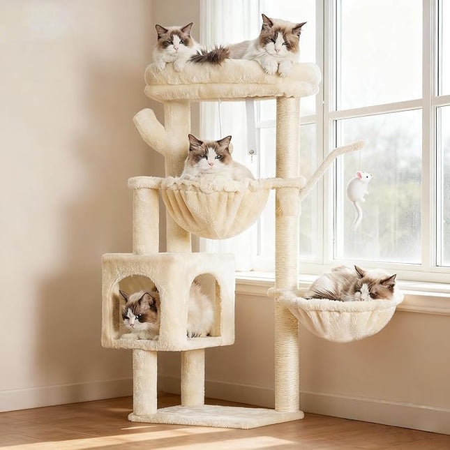 Heybly HCT006SM Cat Scratching Post, 100 cm High Cat Tree Climbing Tower with Large Platform Top, Cave, 2 Hammocks, Cat Toy, Cat Furniture, Climbing Tree, Activity Scratching Post, Beige