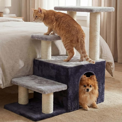 Heybly Cat Scratching Post, Sturdy Pet Stairs & Steps for Indoor Cats and Dogs, Small Cat Tree with Cat Condo,Light Gray