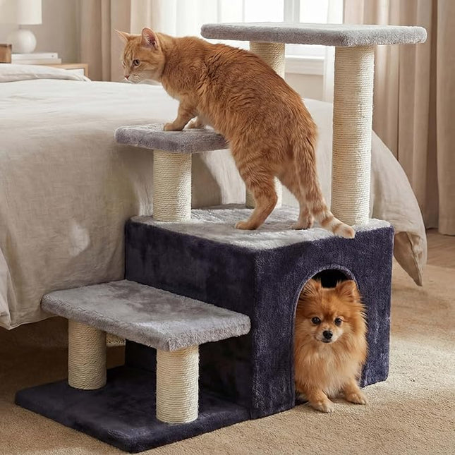 Heybly Cat Scratching Post, Sturdy Pet Stairs & Steps for Indoor Cats and Dogs, Small Cat Tree with Cat Condo,Light Gray