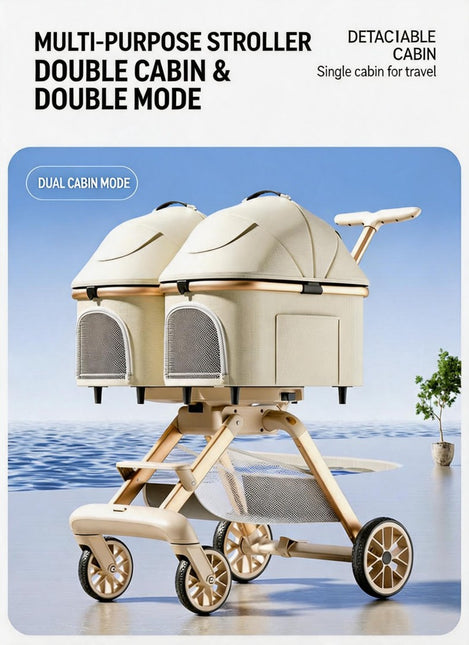 Twin Pet Stroller for 2 Cats & Dogs – Foldable,Aluminum Alloy Frame, Adjustable Design, Portable Pet Pushchair for Small Dogs & Cats,Khaki