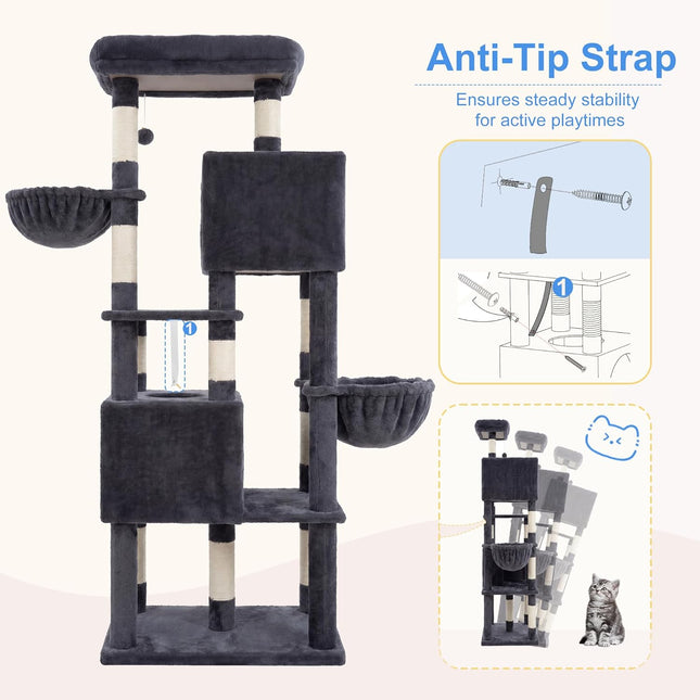 Heybly 173cm Heavy Duty Cat Tower for Large Indoor Cats with 2 Condos, 2 Hammocks, 10 Sisal Scratching Posts, Smoky Gray HCT059G