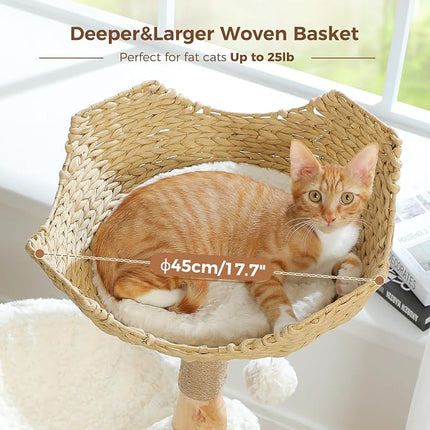 PAWZ Road Modern Cat Tree with Real Wood&Wicker Basket for Large Cats White