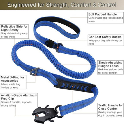 STAVAN Dog Leash for Large Dogs, 4-6FT Heavy Duty No Pull Bungee Shock Absorbing Tactical Leash with 2 Padded Handles, Quick Release Carabiner & Seatbelt Clip (Blue)