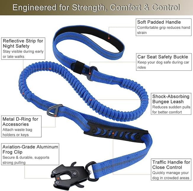 STAVAN Dog Leash for Large Dogs, 4-6FT Heavy Duty No Pull Bungee Shock Absorbing Tactical Leash with 2 Padded Handles, Quick Release Carabiner & Seatbelt Clip (Blue)