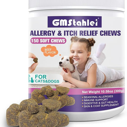 Dog Allergy Relief Chews,150 PCS Itchy Skin Relief Immune Treats with Omega 3 Fish Oil,Turmeric Probiotics for Dogs Itching,Skin and Coat Health for Dogs Itching, Licking & Separation
