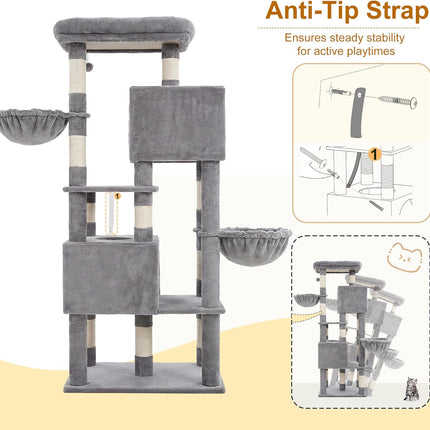 Heybly 173cm Cat Tree with Oversized Top Platform & Wide Base, Heavy Duty Cat Tower for Large Indoor Cats with 2 Condos, 2 Hammocks, 10 Sisal Scratching Posts,Light Gray HCT059W