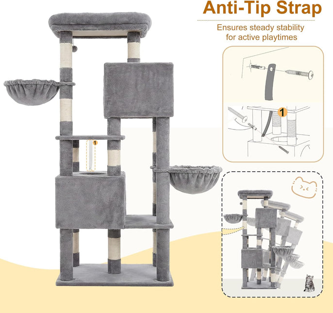 Heybly 173cm Cat Tree with Oversized Top Platform & Wide Base, Heavy Duty Cat Tower for Large Indoor Cats with 2 Condos, 2 Hammocks, 10 Sisal Scratching Posts,Light Gray HCT059W