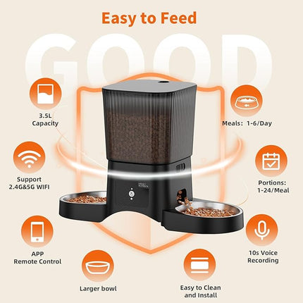 HONEYGUARDIAN Cat Automatic Feeder 2 Bowls, 5G/2.4G WiFi