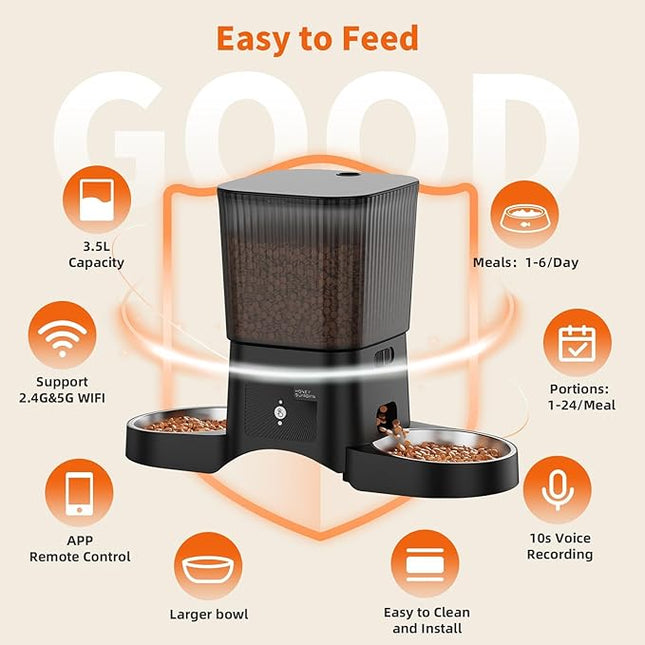 HONEYGUARDIAN Cat Automatic Feeder 2 Bowls, 5G/2.4G WiFi