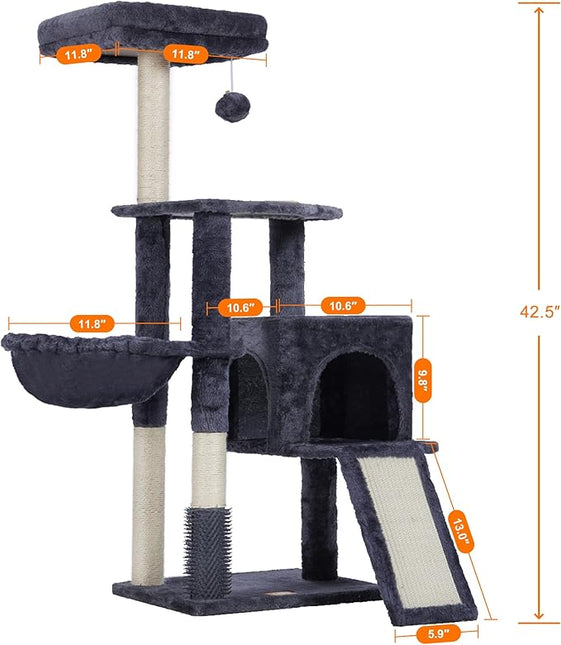 Heybly Cat Tree with Cat Self Groomer Brush, Cat Tower Condo for Indoor Cats , Smoky Gray HCT005SG