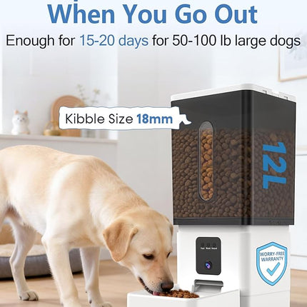 Large Breed Automatic Dog Feeder: 12L/50 Cups 5G WiFi Timed Dog Food Dispenser for Labrador - with HD 1080P Camera, Anti-Clog by Wnfuo