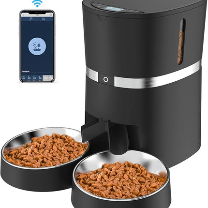 Automatic Cat Feeder, WellToBe Pet Feeder Food Dispenser for Cat & Small Dog with Two-Way Splitter and Double Bowls, up to 6 Meals with Portion Control