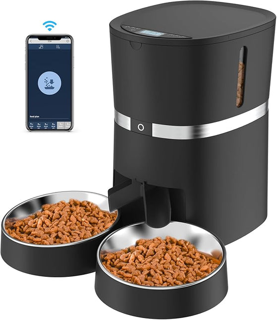 Automatic Cat Feeder, WellToBe Pet Feeder Food Dispenser for Cat & Small Dog with Two-Way Splitter and Double Bowls, up to 6 Meals with Portion Control
