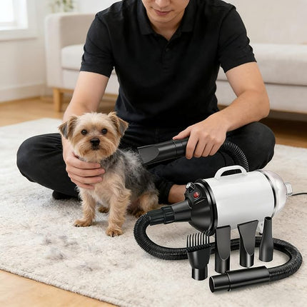 Pet Hair Dryer & Vacuum for Dogs and Cats 2-in-1, Dryer for Dogs Pet Grooming, 2200W High-Speed Blower with Adjustable Temperature, Low Noise, 4 Nozzles & De-Shedding Brush