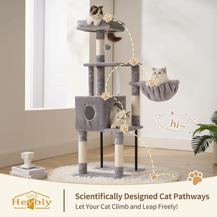 Heybly HCT200SW Cat Scratching Post, 125 cm, Small Cat Tree, Spacious and Comfortable,Light Grey