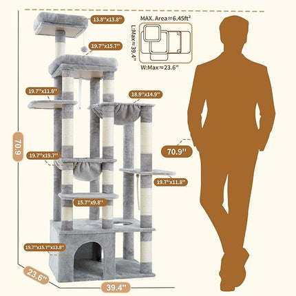 Heybly Cat Tree, 71-Inch Tall Cat Tower for Large Maine Coon Cats HCT037W | Light Gray