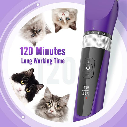 oneisall Cat Grooming Clippers for Matted Long Hair, 5-Speed Cat Grooming Kit Cordless Low Noise Pet Hair Clipper Trimmer Shaver for Dogs Cats Animals (Purple),YP-7268