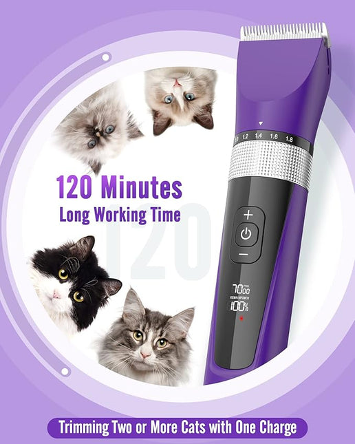 oneisall Cat Grooming Clippers for Matted Long Hair, 5-Speed Cat Grooming Kit Cordless Low Noise Pet Hair Clipper Trimmer Shaver for Dogs Cats Animals (Purple),YP-7268