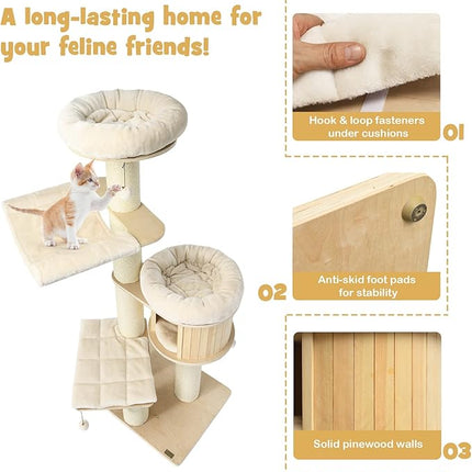 Wood Cat Tree for Indoor Cats, Tall Modern Cat Tower w/Sisal Scratching Posts, Condo, Padded Perch, Hammock, Napping Bed