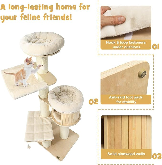 Wood Cat Tree for Indoor Cats, Tall Modern Cat Tower w/Sisal Scratching Posts, Condo, Padded Perch, Hammock, Napping Bed