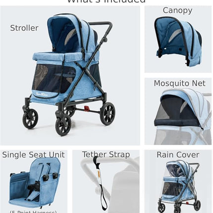 Familidoo Q1 2.0 Multi-Use Wagon Stroller – Ultra Lightweight Folding Wagon for Kids & Pets - All-Terrain Wheels, Includes Canopy, Mosquito Net & Rain Cover (Denim Blue)