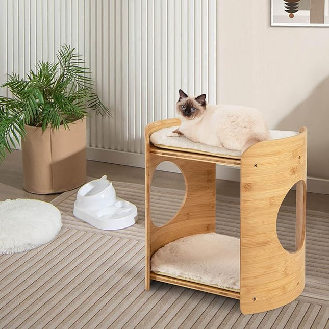 Costway 2-Tier Cat Tower for Indoor Cats, Cute Bamboo Cat Tree w/Double Beds