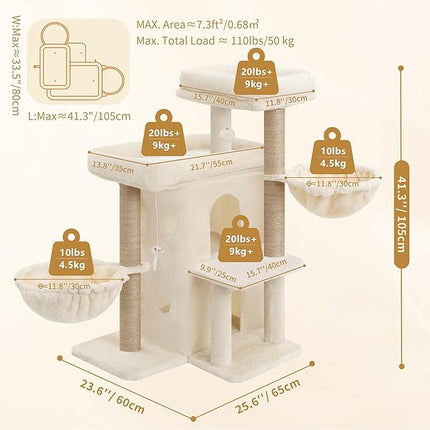 Heybly Cat Tree with Reinforced Big Base, 105cm Sturdy Cat Tower for Indoor Cats, Beige