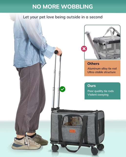 Morpilot Cat Carrier with Wheels Airline Approved, Pet Dog Carrier Dark Gray