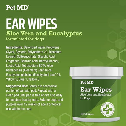 Pet MD - Dog Ear Cleaner Wipes - Otic Cleanser for Dogs to Stop Itching, Yeast and Mites with Aloe and Eucalyptus - 100 Count
