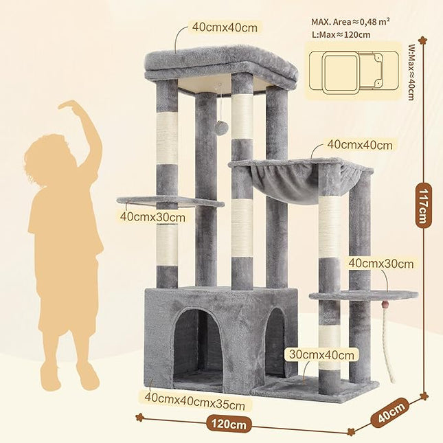 Heybly Heavy Duty Cat Tree for Large Adult, Tall Cat Condo House with Extra-Large Baseboard,Light Gray HCT026W
