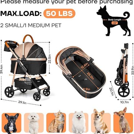 Dog Cat Stroller for Small/Medium Pets up to 50 lbs, 3-in-1 Foldable Pet Stroller with Detachable Carrier, Car Seat, Storage Basket, Cup Holder, Hanging Bag, Rain Cover, All-Terrain 4 Wheels (Khaki)