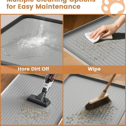 Cat Litter Mat 36x24 Inch, Silicone Litter Box Mat with Raised Edge and Diversion Groove, Waterproof Litter Trapping Mat, Easy to Clean Cat Mat for Litter Box, Grey