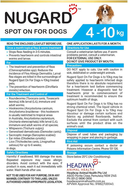 Nugard Spot On for Dogs 4 to 10kg - Flea & Worm Protection 6-Pack - Vet Recommended Fast-Acting Waterproof Topical Solution with IMIDACLOPRID 100g/L per Carton, MOXIDECTIN 25g/L