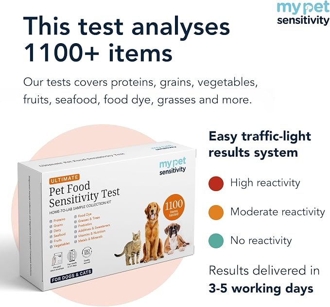 Ultimate At-Home Pet Sensitivity Test | 1100 Items | Quick Results | Non-Invasive Hair Collection | Food, Environment, Nutrient & Mineral Analysis | All Breeds & Ages