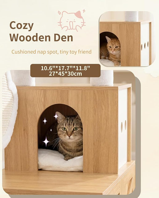 Heybly Cat Tree with Litter Box Enclosure, Modern 162cm Hidden Cat Tower for Indoor Cats,White Oak HCT105BT