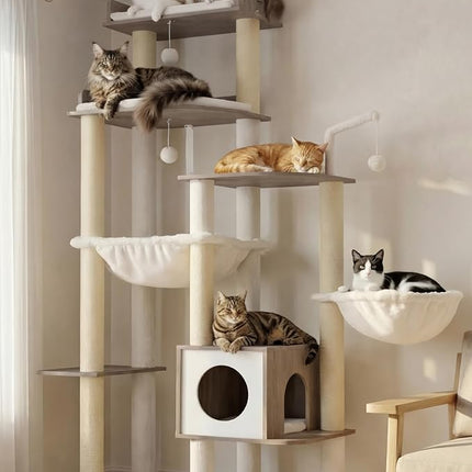 Heybly Cat Tree, 70.5" Wood Tall Cat Tower for Large Indoor Cats HCT121SG | Modern Cat Furniture with Extra Stable Structure, Smoky Gray