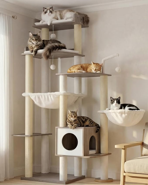 Heybly Cat Tree, 70.5" Wood Tall Cat Tower for Large Indoor Cats HCT121SG | Modern Cat Furniture with Extra Stable Structure, Smoky Gray