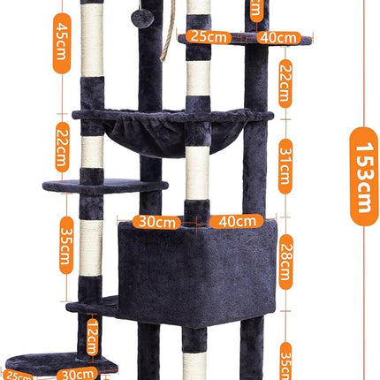 Heybly HCT050G Cat Scratching Post with Blankets for Large Cat Tree Large Platforms Cave 50 x 50 x 153cm Smoke Grey