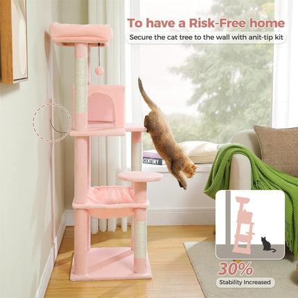 PAWZ Road Cat Tree 143cm Cat Scratching Post Multi-Level Play Tower with a Large Hammock and Top Perch Home Pet Furniture Light Pink
