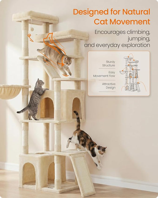 Feandrea Large Cat Tree, 72.6" Tall Sturdy Cat Tower for Indoor, Beige
