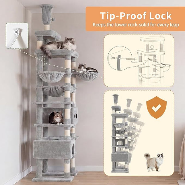 Heybly Floor to Ceiling Cat Tree, Large Cat Tower, 2 Cat Condos,Light Gray