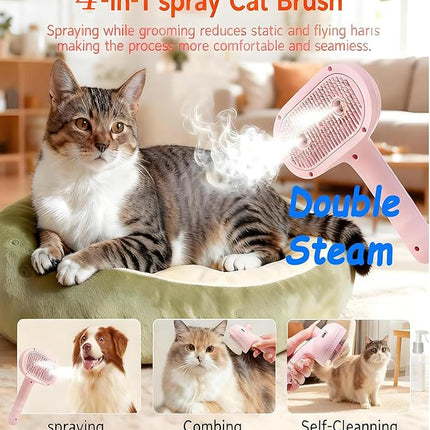 CCEE Cat Brush Dog Brush, 4 In 1 Pet Cat Dog Steam Brush for Shedding Grooming with 2 Steam Holes (pink)